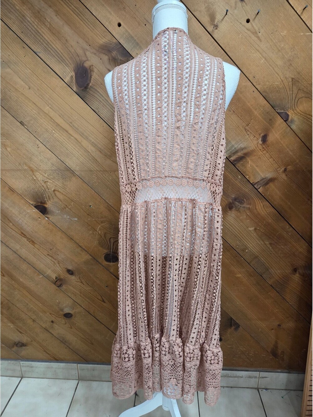 Cato Women 18/20 Blush Pink Crochet Lace Duster Vest Boho Festival Long Cardigan - Picture 2 of 9